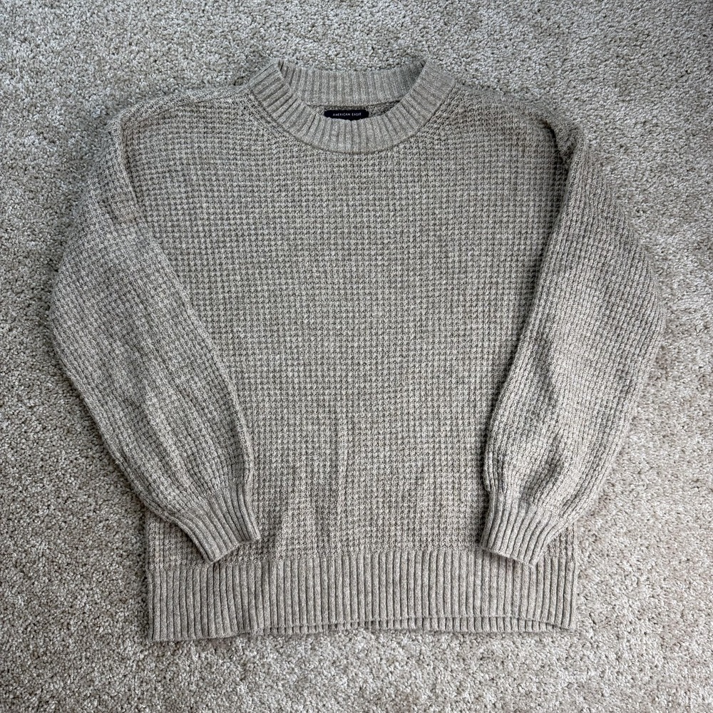 American Eagle Outfitters Sweater Mens Small Beige Waffle Knit Crewneck Pullover